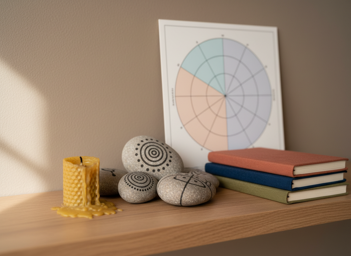 A close‑up of a carefully curated altar‑like corner on a simple oak shelf, dedicated to reflective astrology and conscious magic. There is a small, unbranded beeswax candle partially melted, smooth river stones etched only with abstract geometric lines, and a stack of slim, cloth‑bound notebooks in muted terracotta, indigo, and olive tones. A framed, minimalist birth chart wheel diagram, all fine black lines and subtle pastel segments, leans against a matte wall painted in warm, neutral taupe. Soft, diffused morning light filters in from the left, creating delicate highlights on the wax and paper textures, while the background falls into gentle blur. Photographic realism, shot at a slight angle, conveys a serene, sophisticated, non‑dogmatic atmosphere of everyday, proximity‑based magic in a Catalan home.