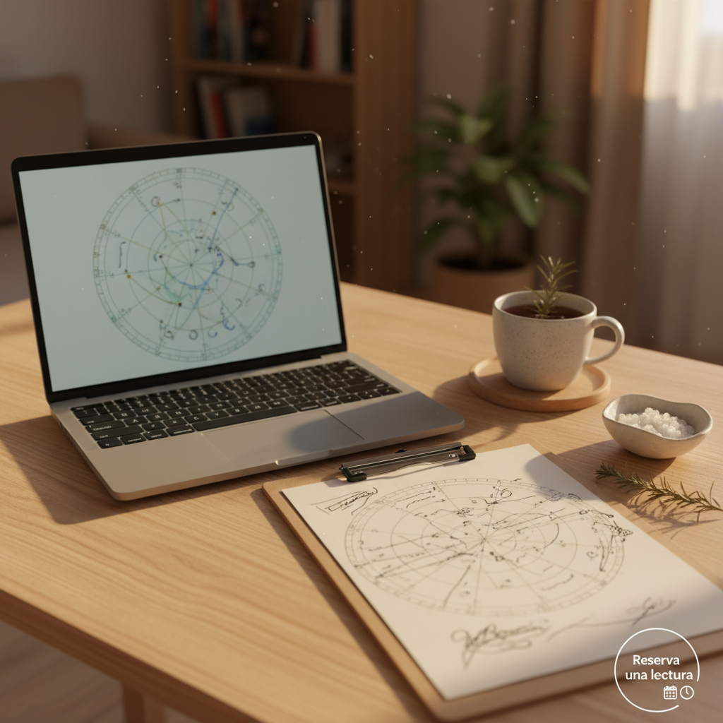 An open laptop on a simple birch desk shows a softly blurred astrological chart interface, its circular form and colored aspect lines clearly visible but without legible text. Beside it, a printed chart on cream paper is clipped to a minimalist clipboard, with careful handwritten annotations indicated by lines and underlines, but no readable words. A ceramic cup with herbal tea, a small bowl of sea salt, and a sprig of dried rosemary hint at grounded, everyday magic. Golden hour light from the side window casts warm, elongated shadows, creating an inviting, sophisticated atmosphere. Photographic realism at eye level, with clean composition and negative space around the screen, suggests booking an online reading in Catalan—professional yet intimate, rooted in real life rather than clichéd mysticism.