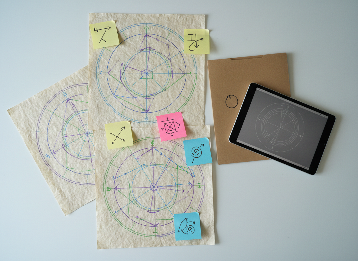 A high‑resolution overhead shot of a worktable where an in‑depth astrological analysis is in progress. Multiple natal charts printed on thick, recycled paper overlap slightly, each adorned with colored pencil markings emphasizing aspects and planetary placements, yet no text is readable. Alongside, there are sticky notes with only arrows and abstract symbols, a slim tablet with a dimmed chart interface, and a closed folder labeled only by a simple, hand‑drawn circle. The tabletop is a pale, matte surface that enhances the clarity of the papers. Cool but soft daylight from above creates even illumination with minimal shadows, giving a focused, analytical mood. Photographic realism with sharp detail across the frame supports the idea of psychological, humanistic astrology that considers structures of gender, class, and lived experience without resorting to stereotypical esoteric imagery.